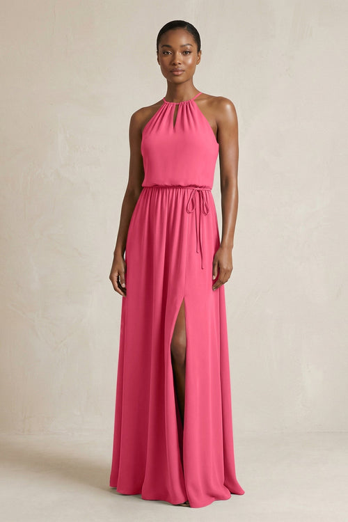 Halter Sheath Ruched Chiffon Bridesmaid Dress in Fuchsia - KissProm Bridesmaid Dresses