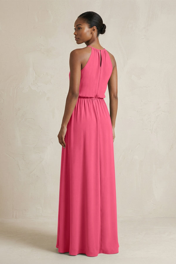 Halter Sheath Ruched Chiffon Bridesmaid Dress in Fuchsia - KissProm Bridesmaid Dresses