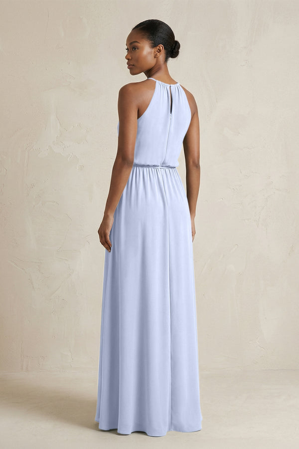 Halter Sheath Ruched Chiffon Bridesmaid Dress in Ice - KissProm Bridesmaid Dresses