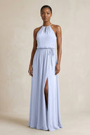 Halter Sheath Ruched Chiffon Bridesmaid Dress in Ice - KissProm Bridesmaid Dresses