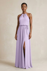 Halter Sheath Ruched Chiffon Bridesmaid Dress in Lavender - KissProm Bridesmaid Dresses