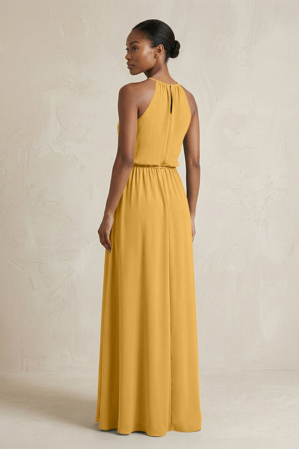 Halter Sheath Ruched Chiffon Bridesmaid Dress in Marigold - KissProm Bridesmaid Dresses