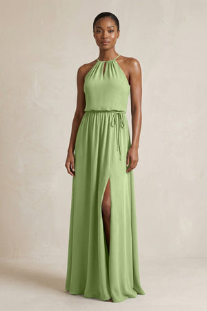 Halter Sheath Ruched Chiffon Bridesmaid Dress in Matcha - KissProm Bridesmaid Dresses
