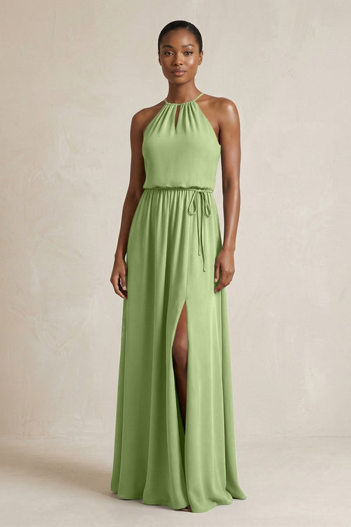 Halter Sheath Ruched Chiffon Bridesmaid Dress in Matcha - KissProm Bridesmaid Dresses