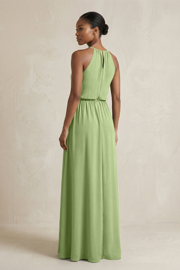 Halter Sheath Ruched Chiffon Bridesmaid Dress in Matcha - KissProm Bridesmaid Dresses