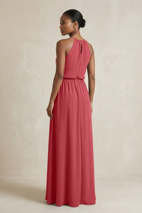 Halter Sheath Ruched Chiffon Bridesmaid Dress in Merlot - KissProm Bridesmaid Dresses