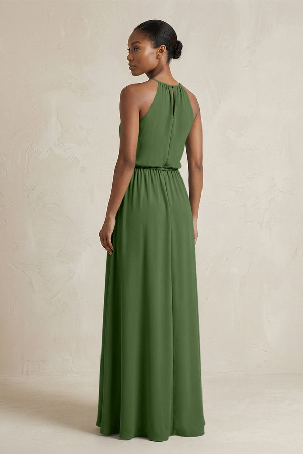 Halter Sheath Ruched Chiffon Bridesmaid Dress in Moss - KissProm Bridesmaid Dresses