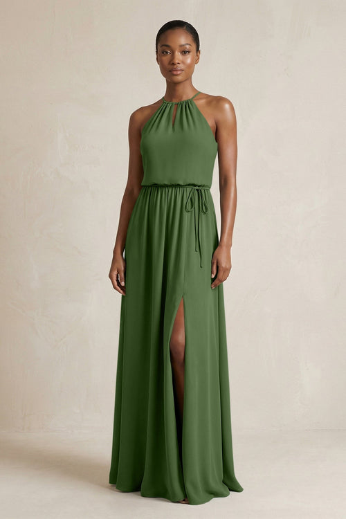 Halter Sheath Ruched Chiffon Bridesmaid Dress in Moss - KissProm Bridesmaid Dresses