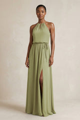 Halter Sheath Ruched Chiffon Bridesmaid Dress in Moss Green - KissProm Bridesmaid Dresses
