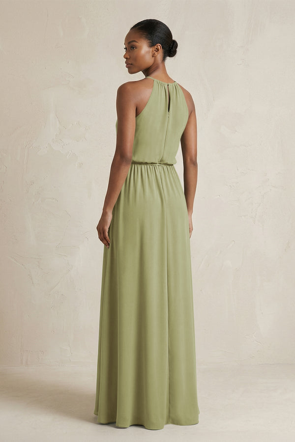 Halter Sheath Ruched Chiffon Bridesmaid Dress in Moss Green - KissProm Bridesmaid Dresses