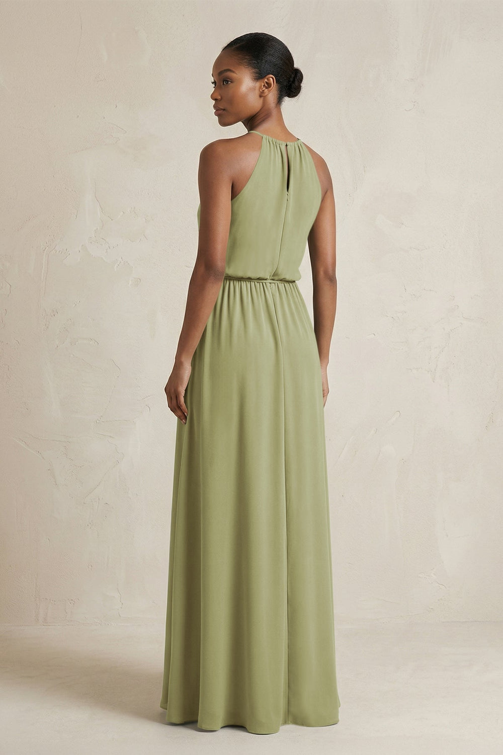 Halter Sheath Ruched Chiffon Bridesmaid Dress in Moss Green - KissProm Bridesmaid Dresses