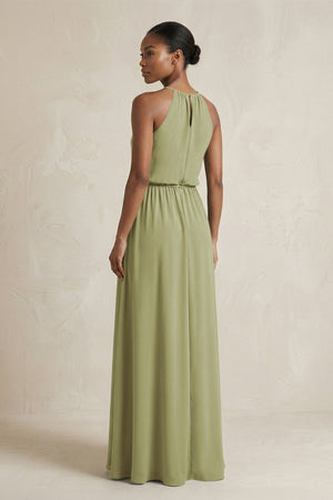 Halter Sheath Ruched Chiffon Bridesmaid Dress in Moss Green - KissProm Bridesmaid Dresses