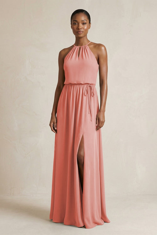 Halter Sheath Ruched Chiffon Bridesmaid Dress in Mulberry - KissProm Bridesmaid Dresses