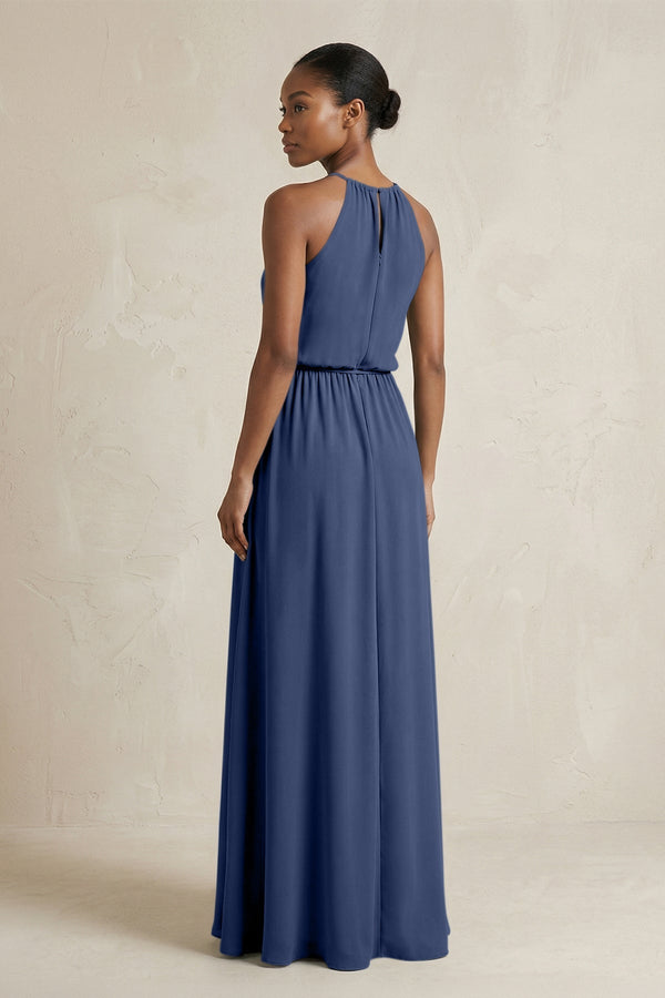 Halter Sheath Ruched Chiffon Bridesmaid Dress in Navy - KissProm Bridesmaid Dresses