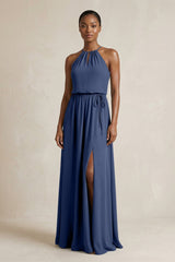 Halter Sheath Ruched Chiffon Bridesmaid Dress in Navy - KissProm Bridesmaid Dresses