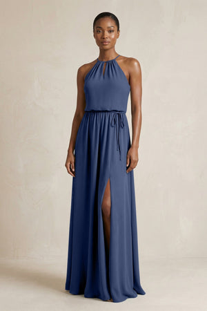 Halter Sheath Ruched Chiffon Bridesmaid Dress in Navy - KissProm Bridesmaid Dresses