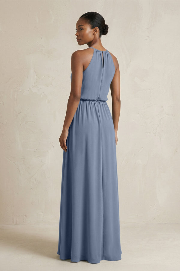 Halter Sheath Ruched Chiffon Bridesmaid Dress in Neptune - KissProm Bridesmaid Dresses