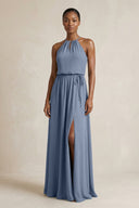 Halter Sheath Ruched Chiffon Bridesmaid Dress in Neptune - KissProm Bridesmaid Dresses