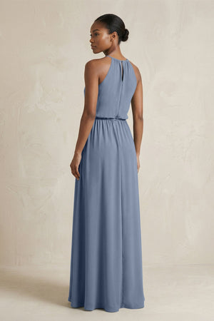 Halter Sheath Ruched Chiffon Bridesmaid Dress in Neptune - KissProm Bridesmaid Dresses
