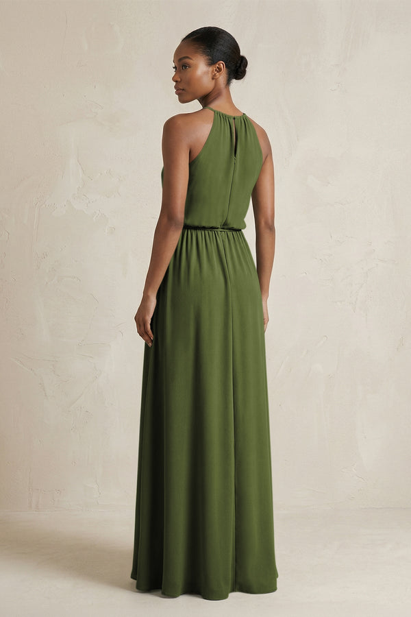 Halter Sheath Ruched Chiffon Bridesmaid Dress in Olive - KissProm Bridesmaid Dresses