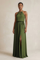 Halter Sheath Ruched Chiffon Bridesmaid Dress in Olive - KissProm Bridesmaid Dresses