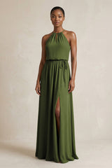 Halter Sheath Ruched Chiffon Bridesmaid Dress in Olive - KissProm Bridesmaid Dresses
