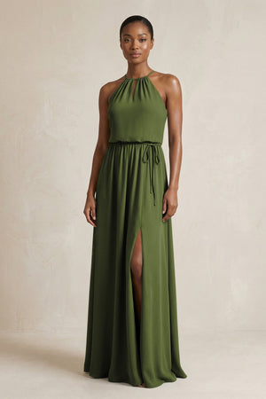 Halter Sheath Ruched Chiffon Bridesmaid Dress in Olive - KissProm Bridesmaid Dresses