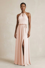 Halter Sheath Ruched Chiffon Bridesmaid Dress in Pale Blush - KissProm Bridesmaid Dresses