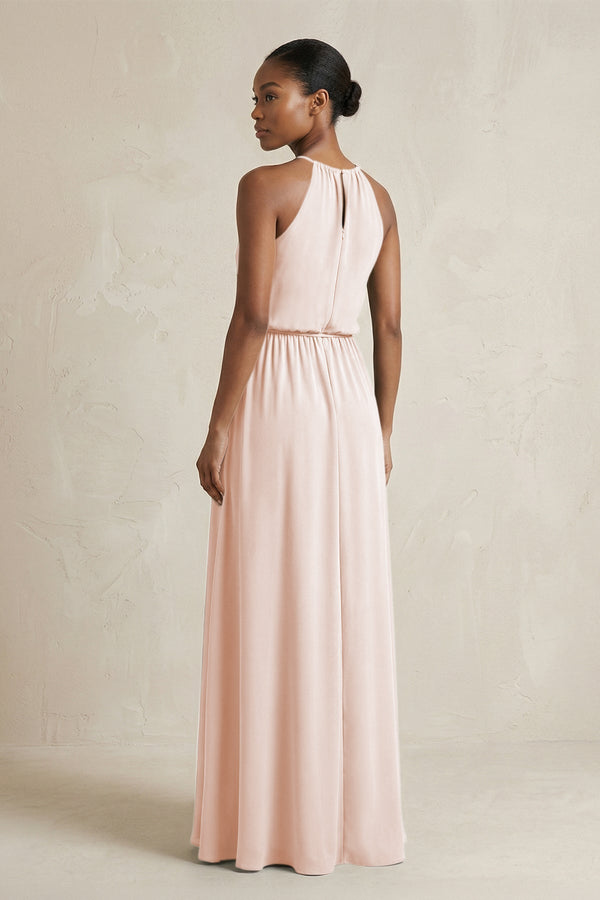 Halter Sheath Ruched Chiffon Bridesmaid Dress in Pale Blush - KissProm Bridesmaid Dresses