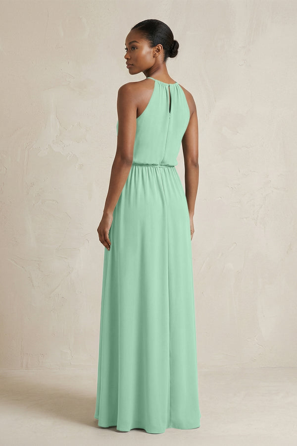 Halter Sheath Ruched Chiffon Bridesmaid Dress in Pale Pistachio - KissProm Bridesmaid Dresses