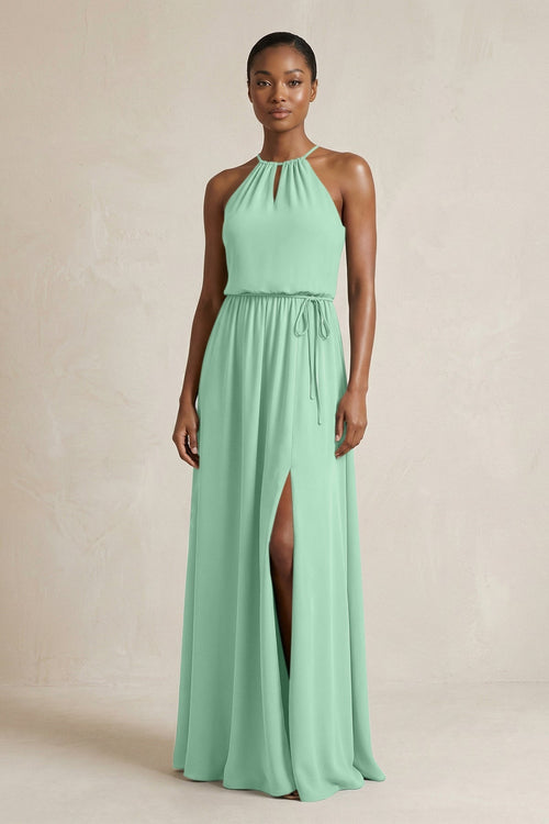 Halter Sheath Ruched Chiffon Bridesmaid Dress in Pale Pistachio - KissProm Bridesmaid Dresses