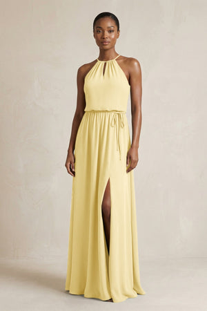 Halter Sheath Ruched Chiffon Bridesmaid Dress in Pastel Yellow - KissProm Bridesmaid Dresses