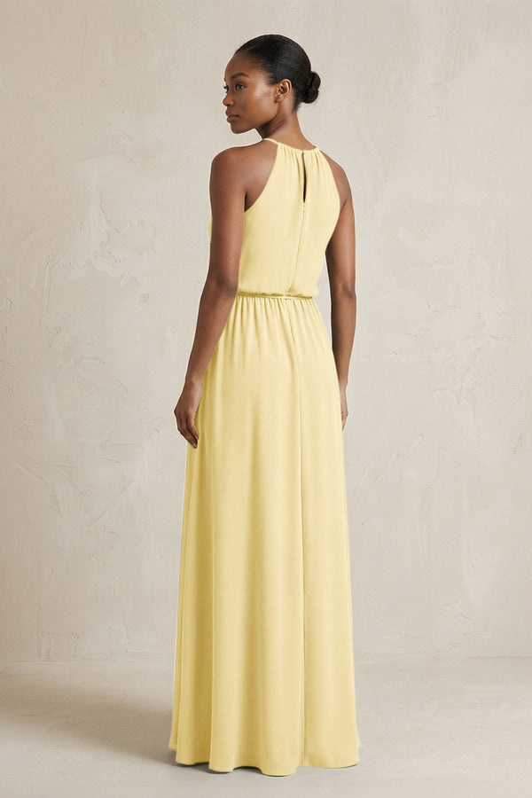 Halter Sheath Ruched Chiffon Bridesmaid Dress in Pastel Yellow - KissProm Bridesmaid Dresses