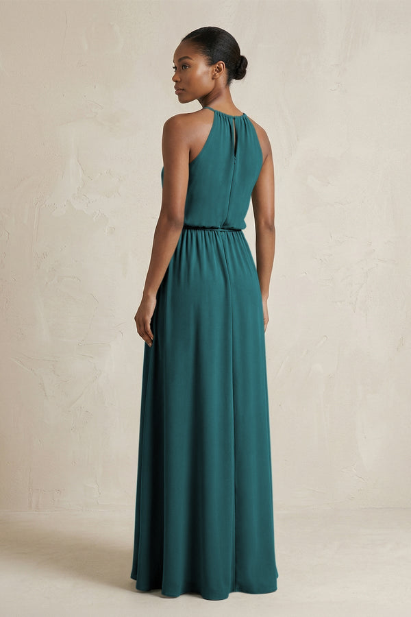 Halter Sheath Ruched Chiffon Bridesmaid Dress in Pine - KissProm Bridesmaid Dresses