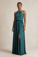 Halter Sheath Ruched Chiffon Bridesmaid Dress in Pine - KissProm Bridesmaid Dresses