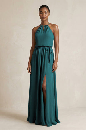 Halter Sheath Ruched Chiffon Bridesmaid Dress in Pine - KissProm Bridesmaid Dresses