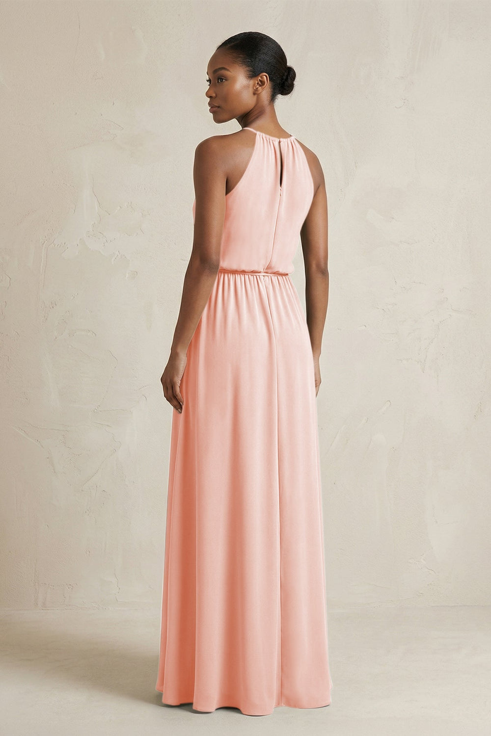 Halter Sheath Ruched Chiffon Bridesmaid Dress in Rose Petal - KissProm Bridesmaid Dresses