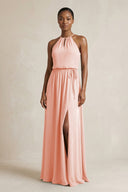 Halter Sheath Ruched Chiffon Bridesmaid Dress in Rose Petal - KissProm Bridesmaid Dresses