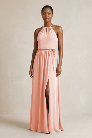 Halter Sheath Ruched Chiffon Bridesmaid Dress in Rose Petal - KissProm Bridesmaid Dresses