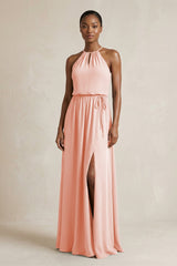 Halter Sheath Ruched Chiffon Bridesmaid Dress in Rose Petal - KissProm Bridesmaid Dresses