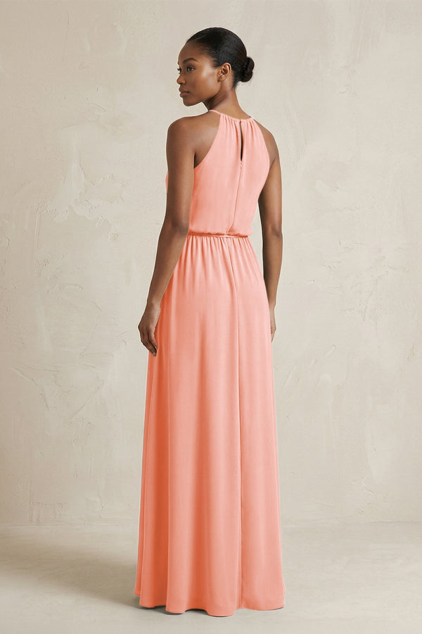 Halter Sheath Ruched Chiffon Bridesmaid Dress in Rosette - KissProm Bridesmaid Dresses