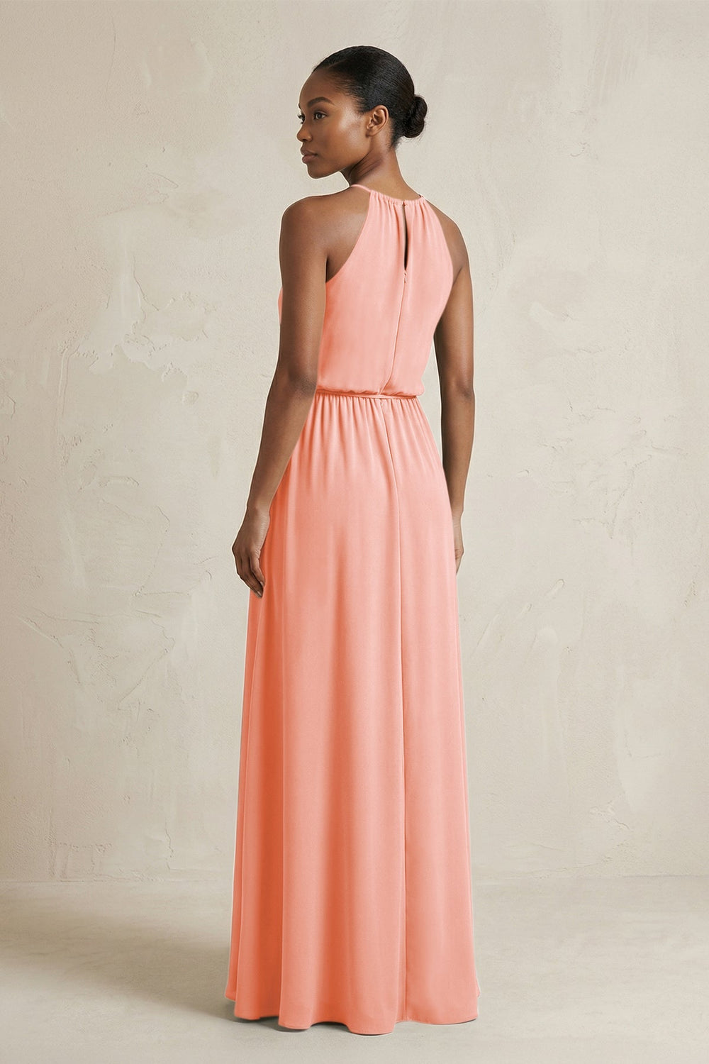 Halter Sheath Ruched Chiffon Bridesmaid Dress in Rosette - KissProm Bridesmaid Dresses