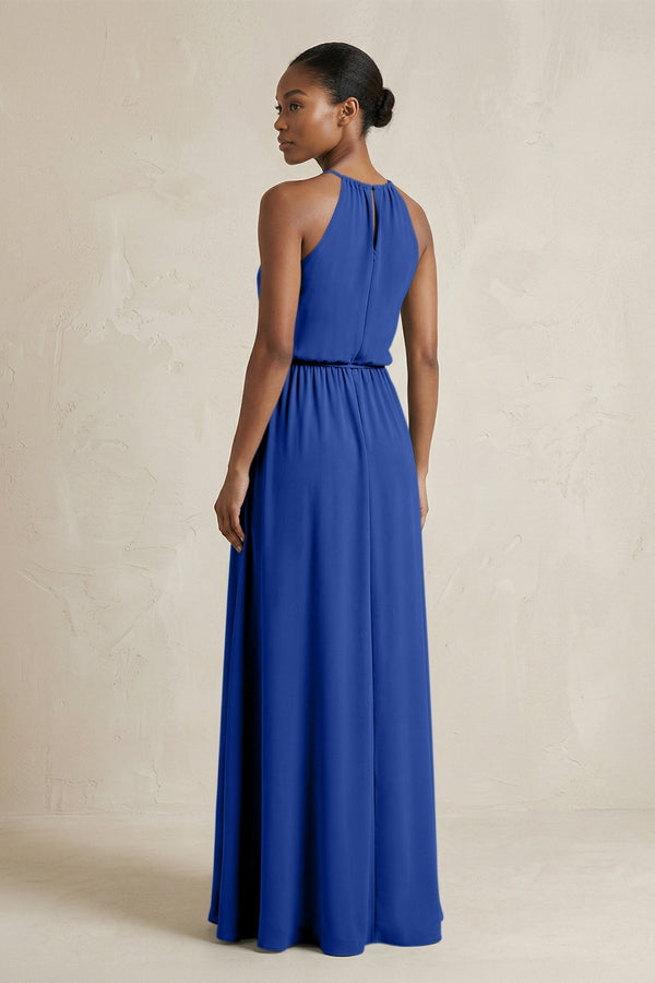 Halter Sheath Ruched Chiffon Bridesmaid Dress in Royal Blue - KissProm Bridesmaid Dresses