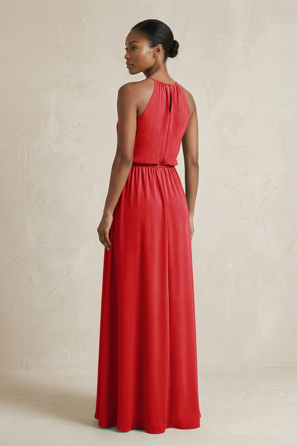 Halter Sheath Ruched Chiffon Bridesmaid Dress in Ruby Red - KissProm Bridesmaid Dresses