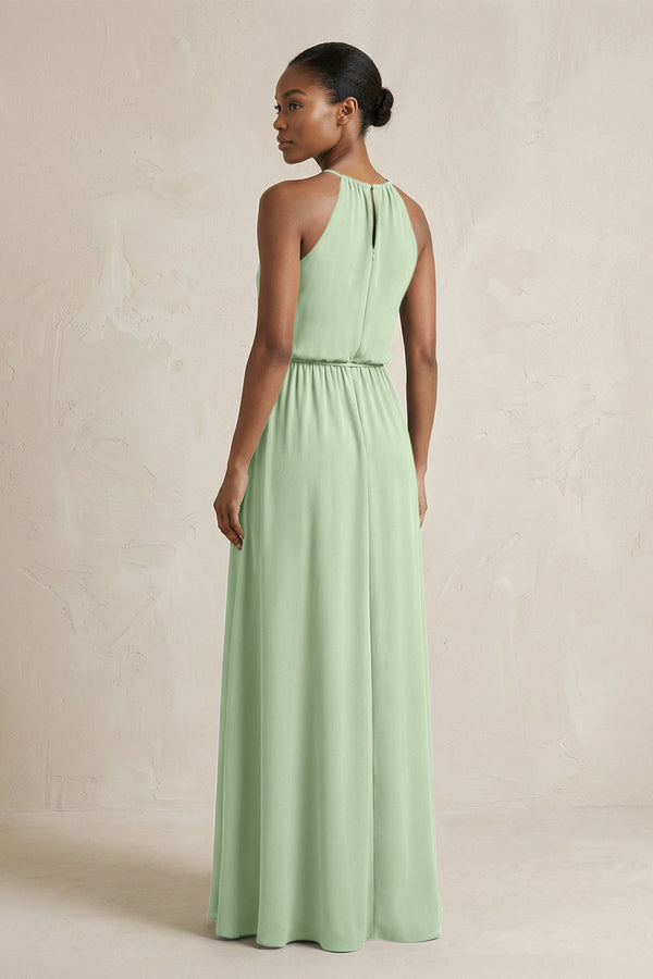 Halter Sheath Ruched Chiffon Bridesmaid Dress in Sage - KissProm Bridesmaid Dresses