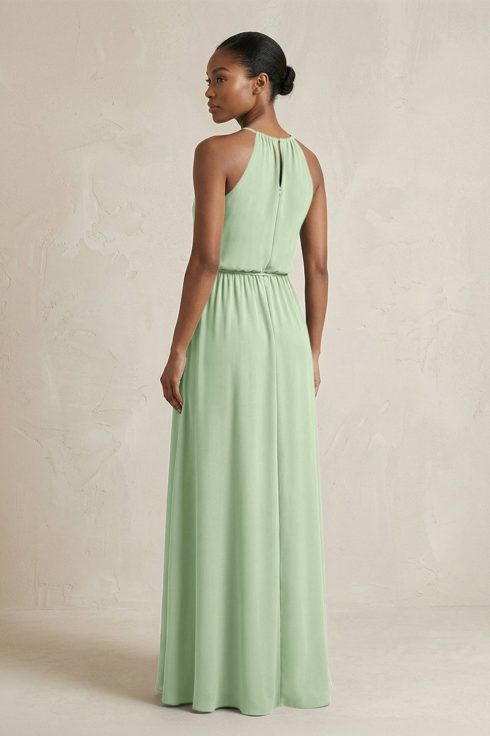 Halter Sheath Ruched Chiffon Bridesmaid Dress in Sage - KissProm Bridesmaid Dresses