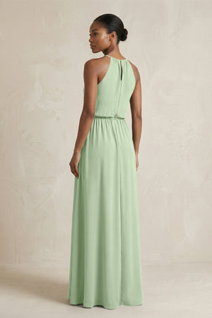 Halter Sheath Ruched Chiffon Bridesmaid Dress in Sage - KissProm Bridesmaid Dresses