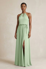 Halter Sheath Ruched Chiffon Bridesmaid Dress in Sage - KissProm Bridesmaid Dresses