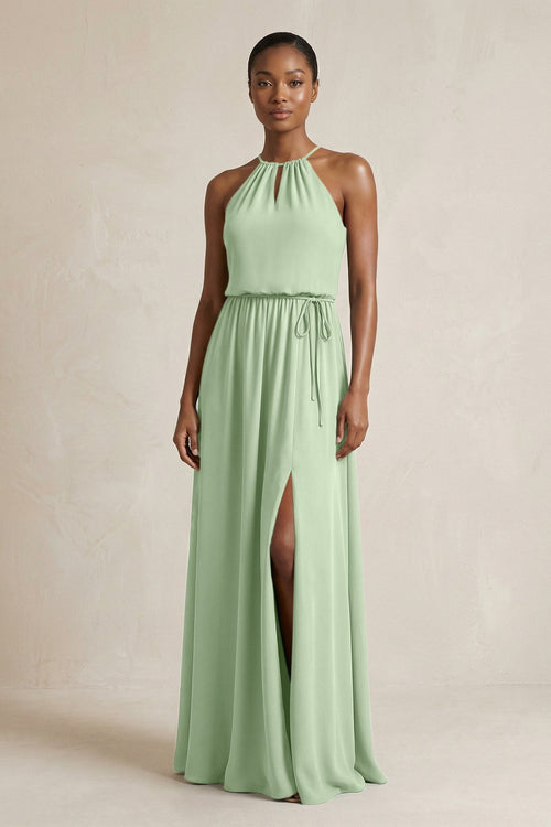 Halter Sheath Ruched Chiffon Bridesmaid Dress in Sage - KissProm Bridesmaid Dresses