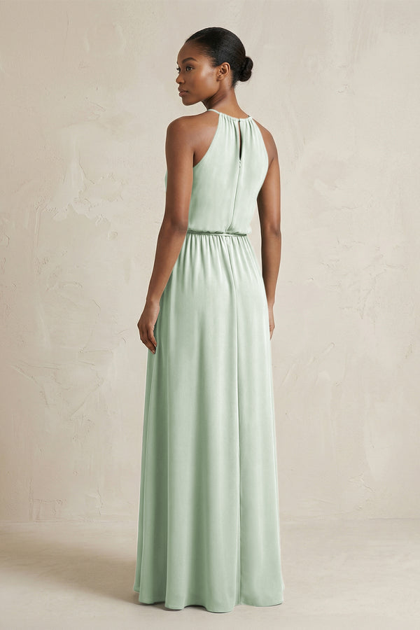 Halter Sheath Ruched Chiffon Bridesmaid Dress in Sage - KissProm Bridesmaid Dresses